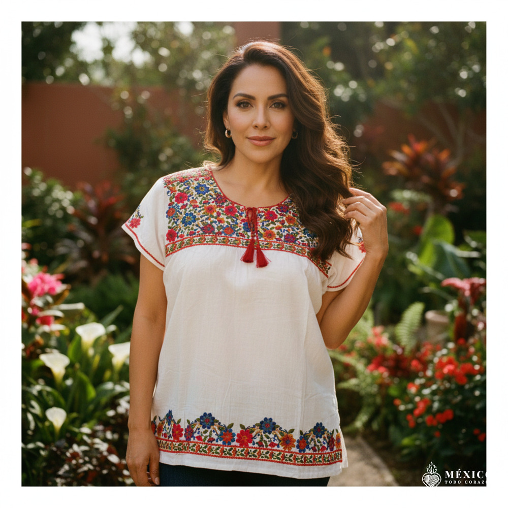 Mexican Embroidered Blouse – Handmade  Floral Design  MEDIUM